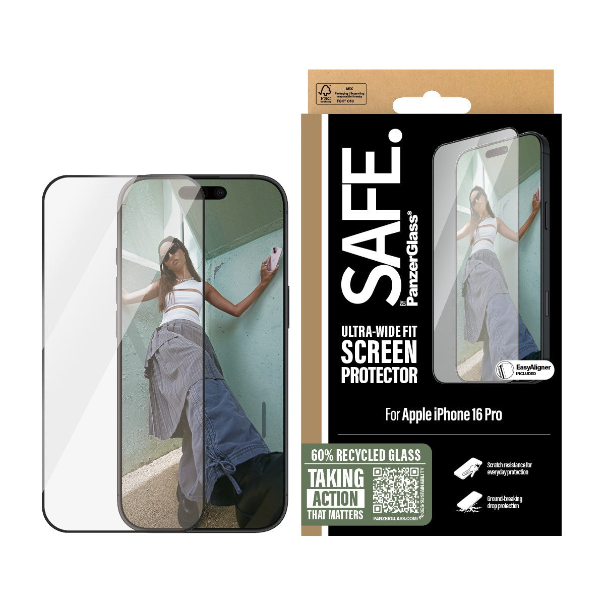 SAFE. by PanzerGlass® Screen Protection w. Black Frame iPhone 16 Pro | Ultra-Wide Fit